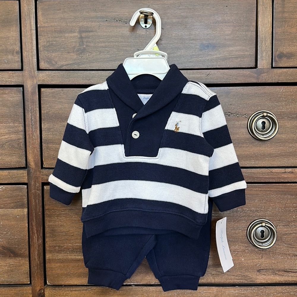 NWT Ralph Lauren French Navy and White Knit Two Piece Set, size 3M.